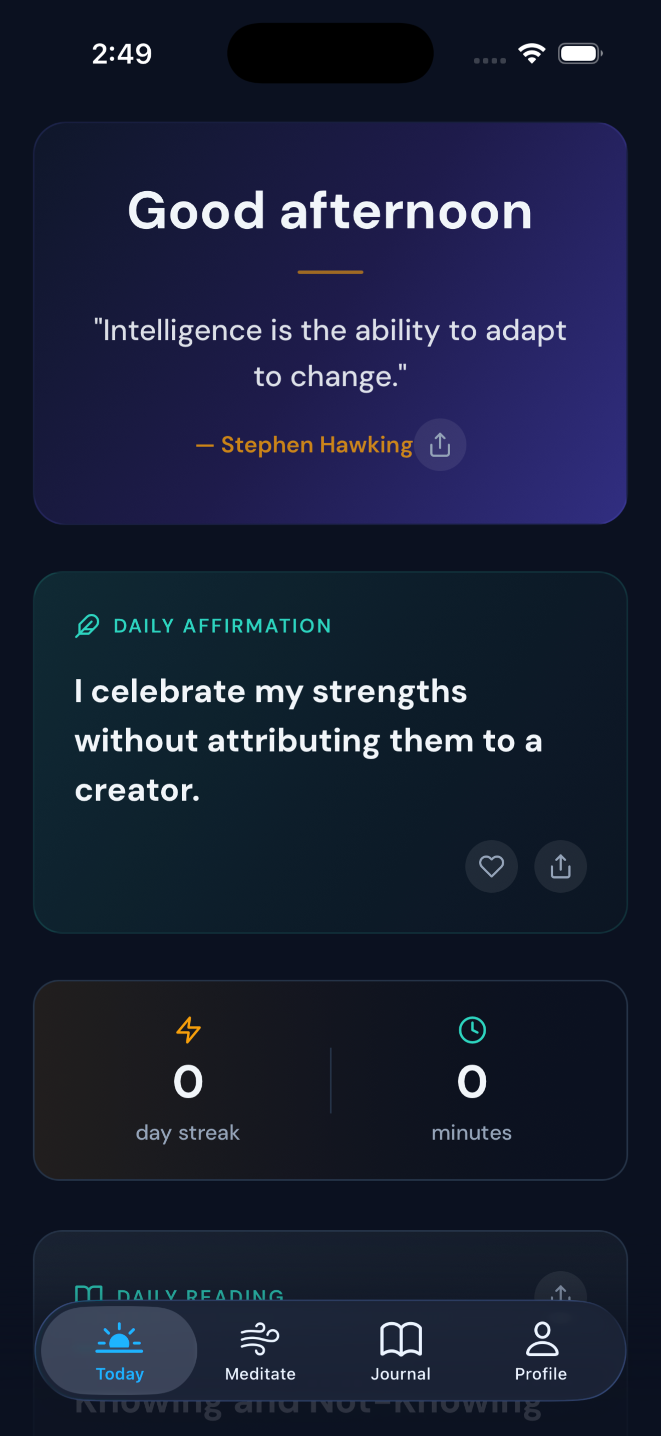 Today screen — daily quote, affirmation, streak counter