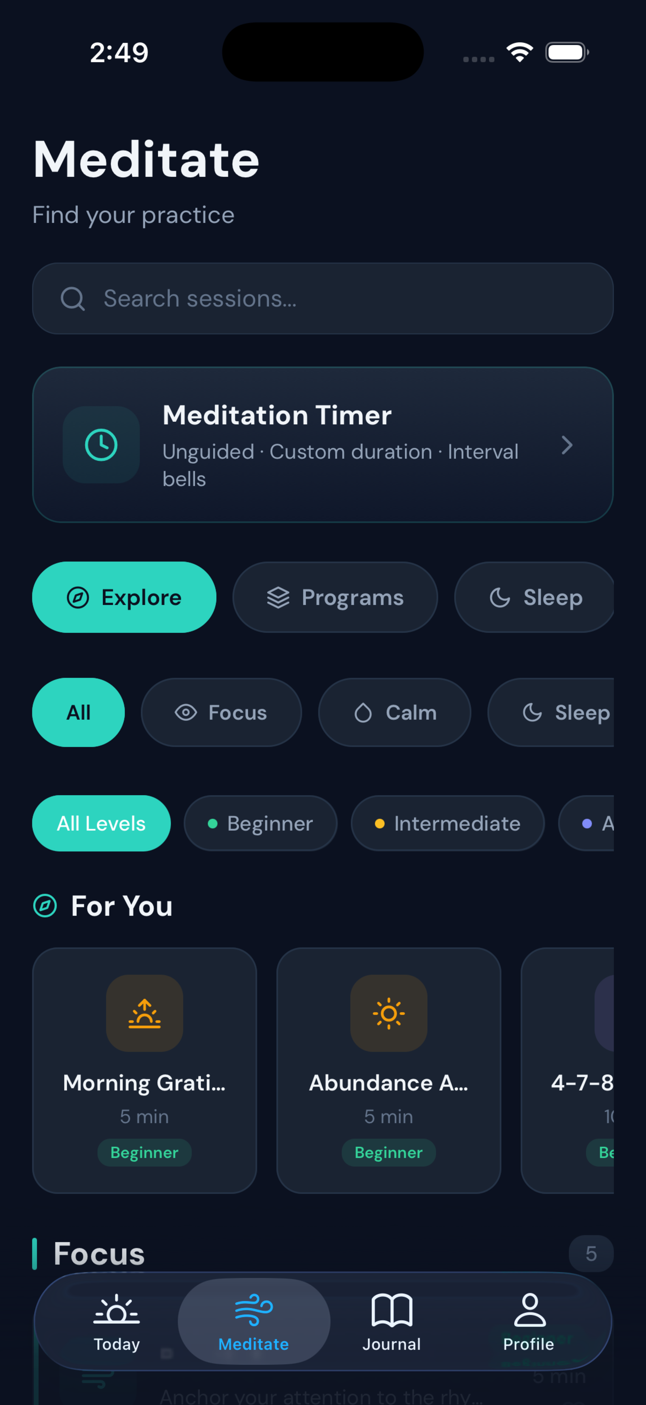Meditate tab — full library, Programs, Focus, Sleep